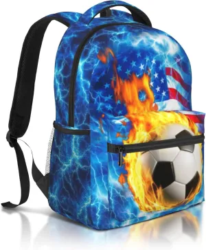 American Flag Kids Soccer Fire Ball Backpack Flag For Boys Girls, Blue Lighting Kids School Bags Backpack Bookbag For School Boy Backpacks For Ages 6-8, 8-10, 8-12，10-12 Years Old