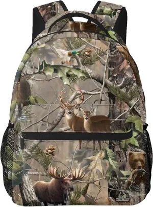 AMRANDOM Lightweight Water Resistant Backpacks For Mens Womens Bookbags (Hunting Camo Moose Deer Bear Fish Animal Pattern)
