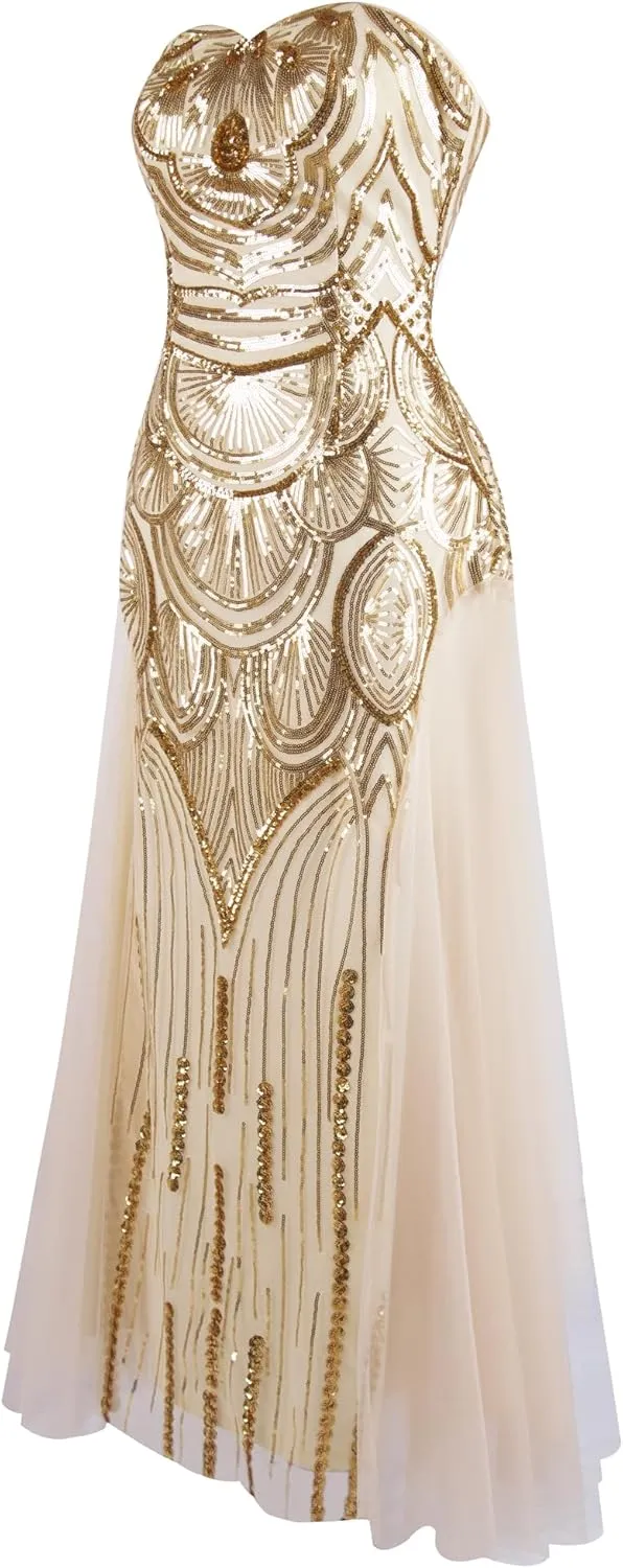 ANGEL FASHIONS Women's Sequin Strapless Sweetheart Mesh Lace up Banquet Dress