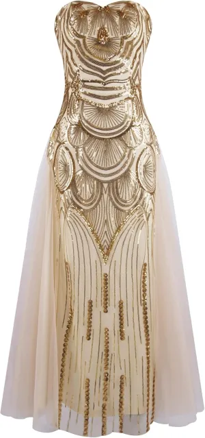 ANGEL FASHIONS Women's Sequin Strapless Sweetheart Mesh Lace up Banquet Dress
