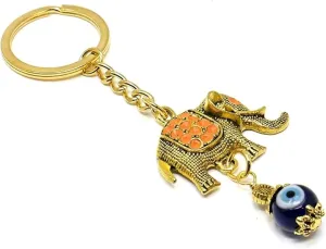 Antique Golden Lucky Elephant Evil Eye Key Ring – Up-Trunk Keychain for Good Luck, Wealth & Positivity | Handbag & Backpack Charm, Silver, Small