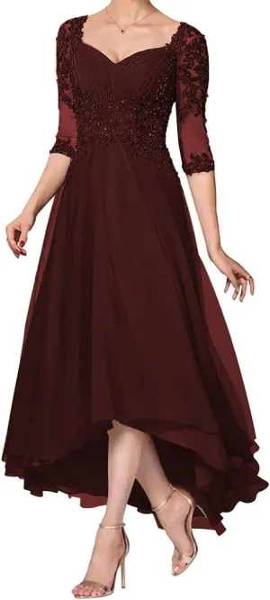 Applique Beaded Mother of The Bride Dress with 1/2 Sleeve High Low Laces Chiffon Mother Bride Dresses Aline
