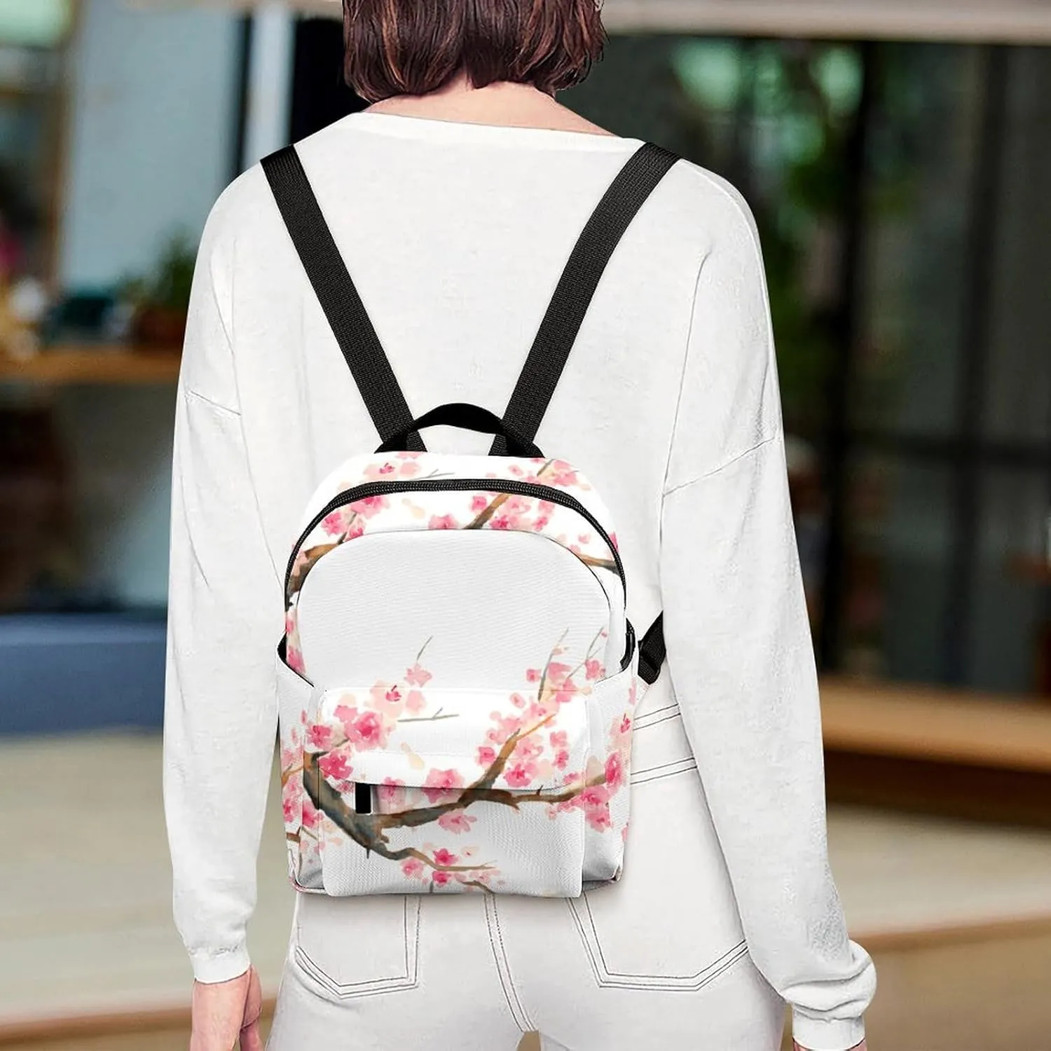 Aqua Cherry Blossom Casual Women's Backpack, Lightweight, Waterproof, Versatile Daily Bag