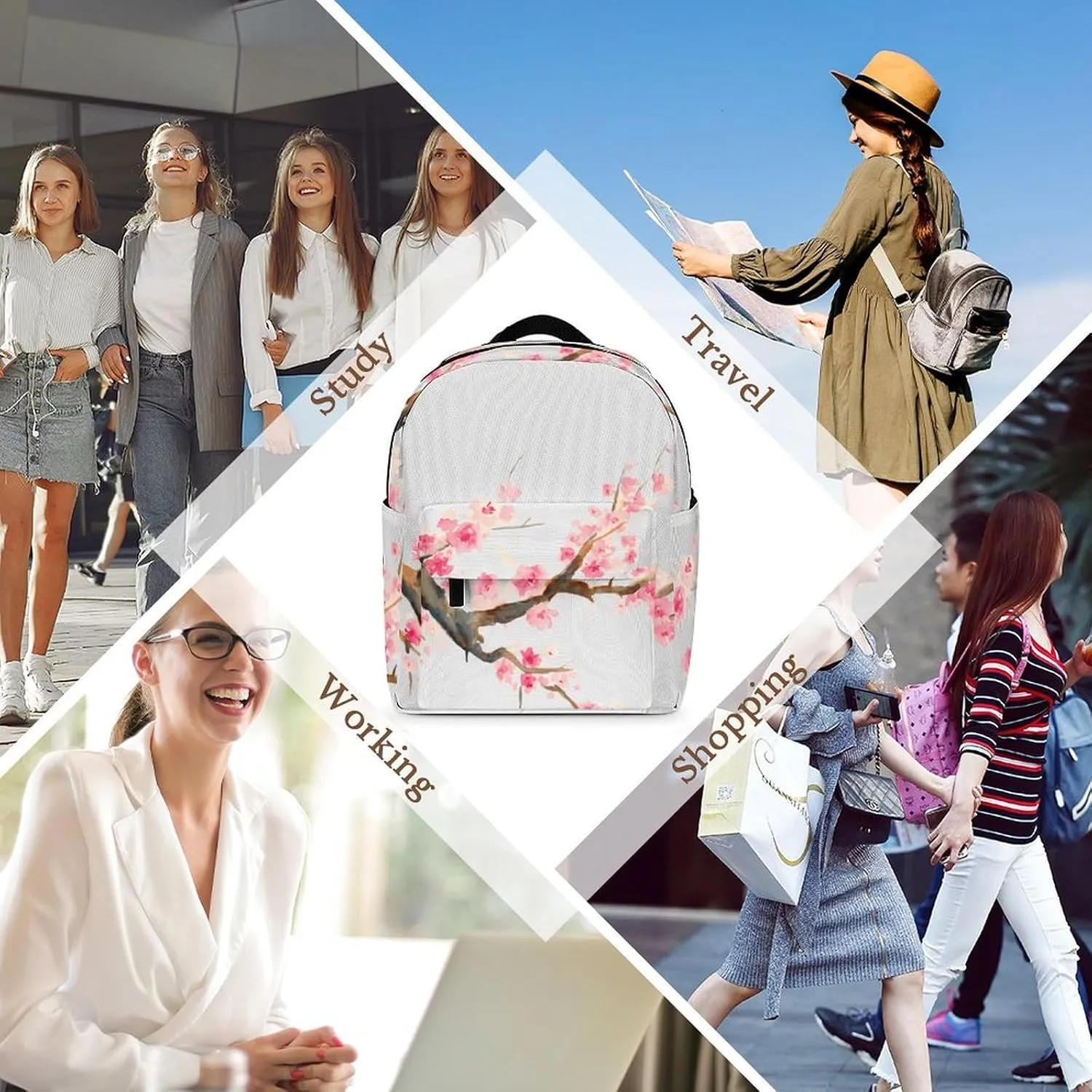 Aqua Cherry Blossom Casual Women's Backpack, Lightweight, Waterproof, Versatile Daily Bag