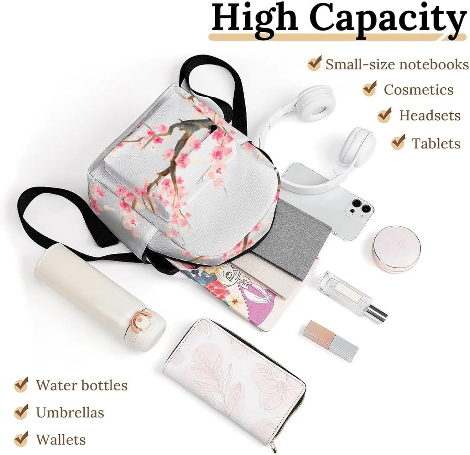 Aqua Cherry Blossom Casual Women's Backpack, Lightweight, Waterproof, Versatile Daily Bag