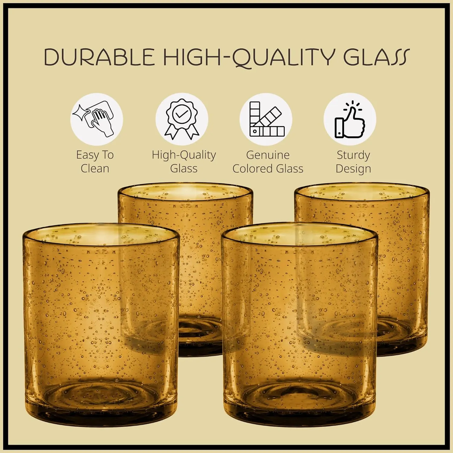 Artland 14oz Double Old Fashion Glass, Set of 4 | Iris Seeded Design, Amber | Drinking Glass for Parties and Everyday Use - Mojito, Whiskey, Cocktail | Glassware & Barware Essentials