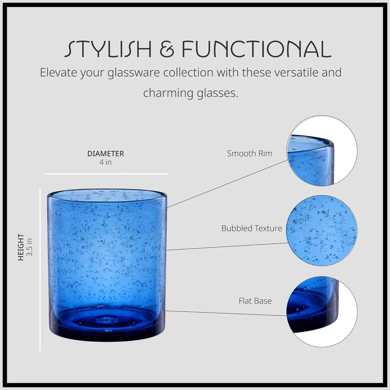 Artland 14oz Double Old Fashion Glass, Set of 4 | Iris Seeded Design, Cobalt Blue | Drinking Glass for Parties and Everyday Use - Mojito, Whiskey, Cocktail | Glassware & Barware Essentials