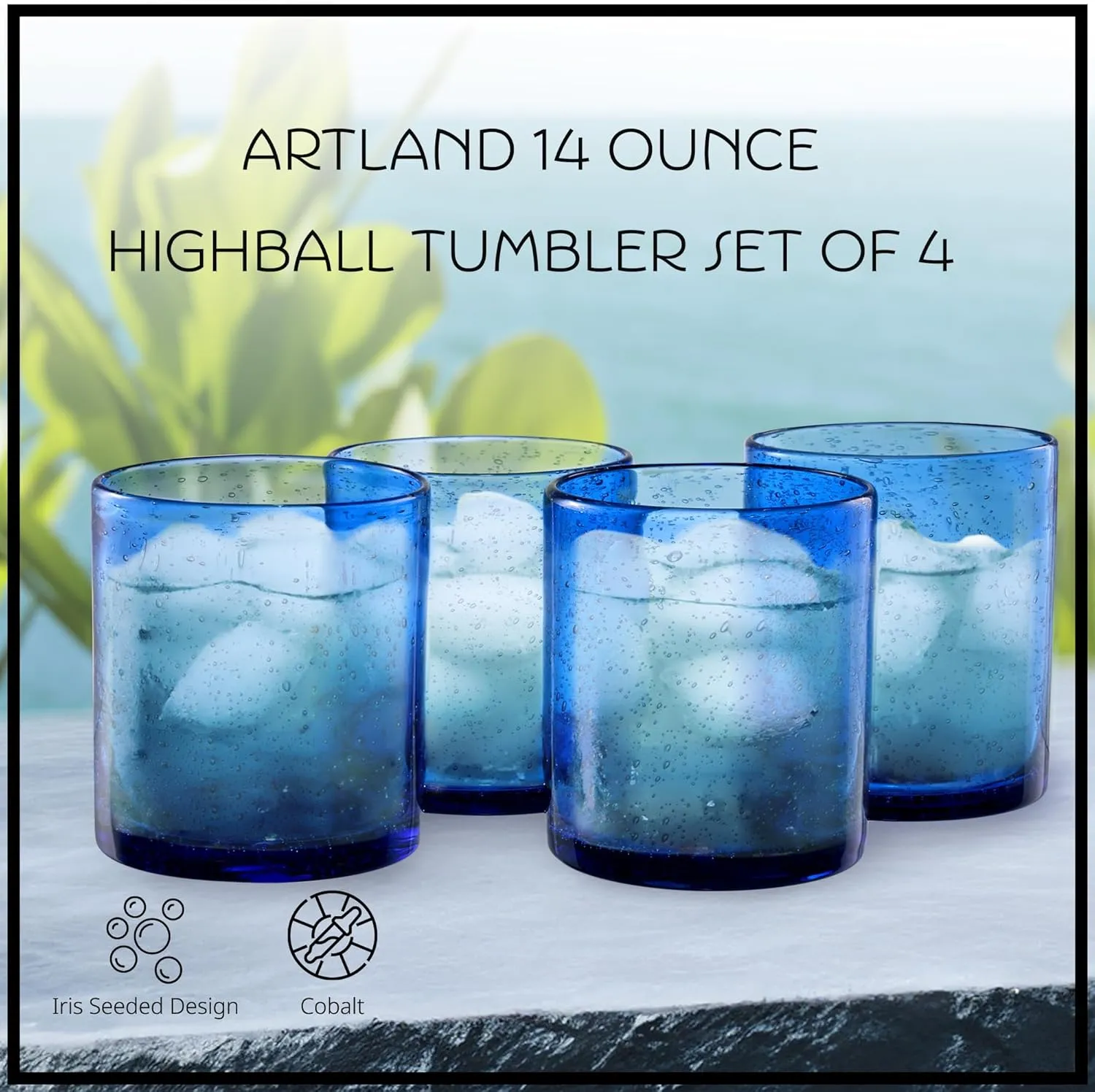 Artland 14oz Double Old Fashion Glass, Set of 4 | Iris Seeded Design, Cobalt Blue | Drinking Glass for Parties and Everyday Use - Mojito, Whiskey, Cocktail | Glassware & Barware Essentials