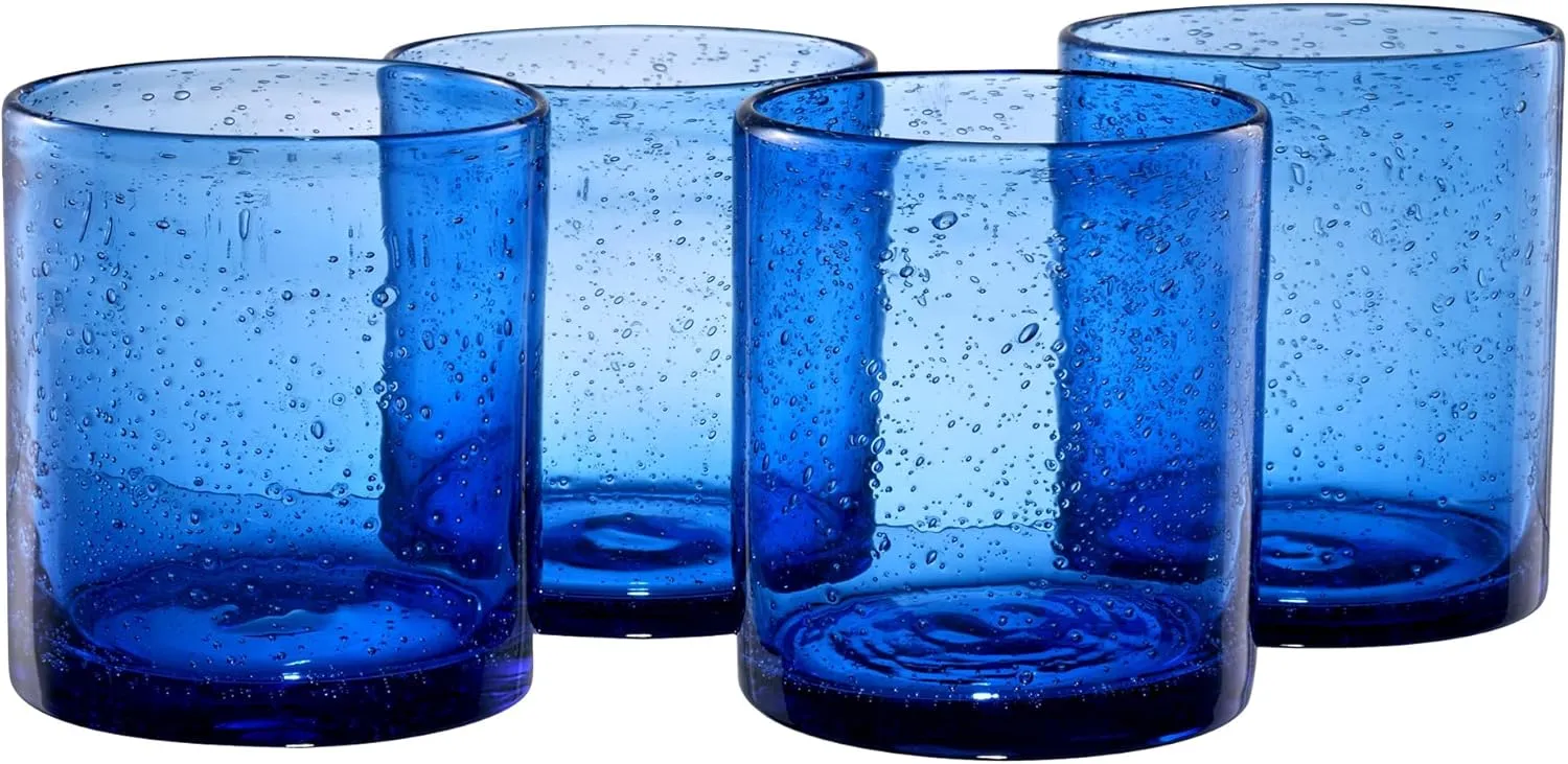 Artland 14oz Double Old Fashion Glass, Set of 4 | Iris Seeded Design, Cobalt Blue | Drinking Glass for Parties and Everyday Use - Mojito, Whiskey, Cocktail | Glassware & Barware Essentials