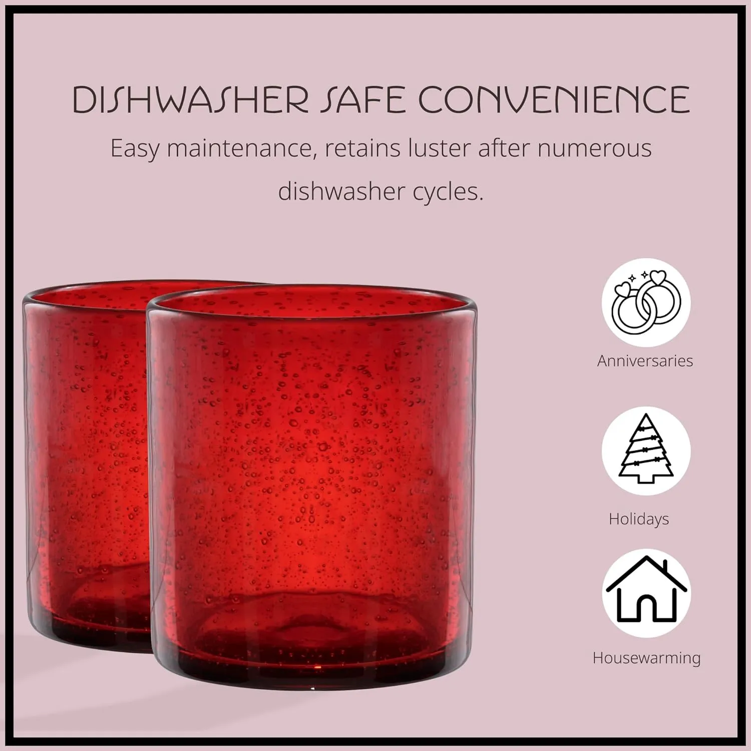 Artland 14oz Double Old Fashion Glass, Set of 4 | Iris Seeded Design, Ruby Red | Drinking Glass for Parties and Everyday Use - Mojito, Whiskey, Cocktail | Glassware & Barware Essentials