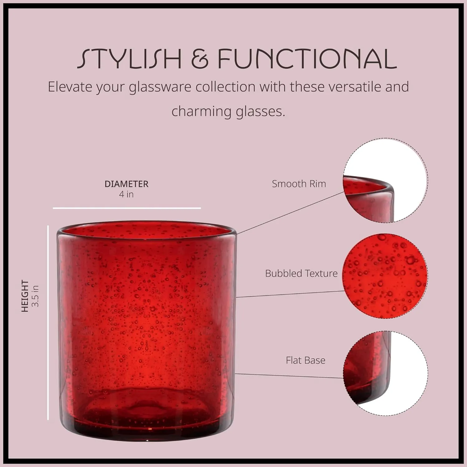 Artland 14oz Double Old Fashion Glass, Set of 4 | Iris Seeded Design, Ruby Red | Drinking Glass for Parties and Everyday Use - Mojito, Whiskey, Cocktail | Glassware & Barware Essentials