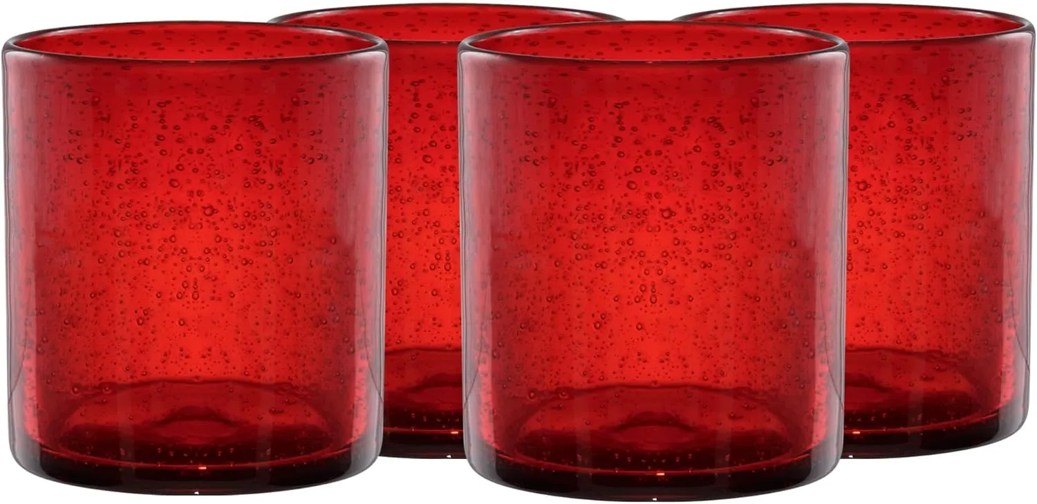 Artland 14oz Double Old Fashion Glass, Set of 4 | Iris Seeded Design, Ruby Red | Drinking Glass for Parties and Everyday Use - Mojito, Whiskey, Cocktail | Glassware & Barware Essentials
