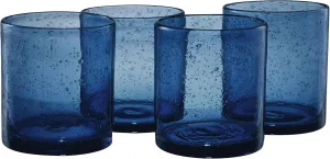 ARTLAND 14oz Double Old Fashion Glass, Set of 4 | Iris Seeded Design, Slate Blue | Drinking Glass for Parties and Everyday Use - Mojito, Whiskey, Cocktail | Glassware & Barware Essentials