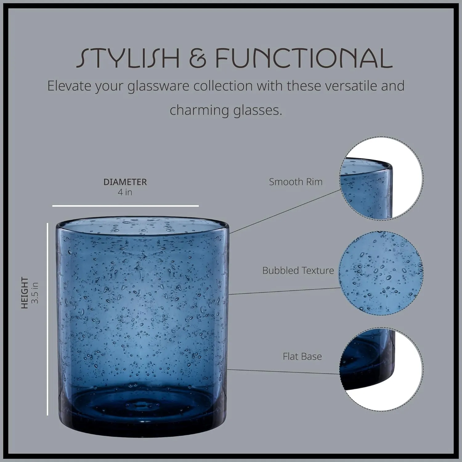 ARTLAND 14oz Double Old Fashion Glass, Set of 4 | Iris Seeded Design, Slate Blue | Drinking Glass for Parties and Everyday Use - Mojito, Whiskey, Cocktail | Glassware & Barware Essentials