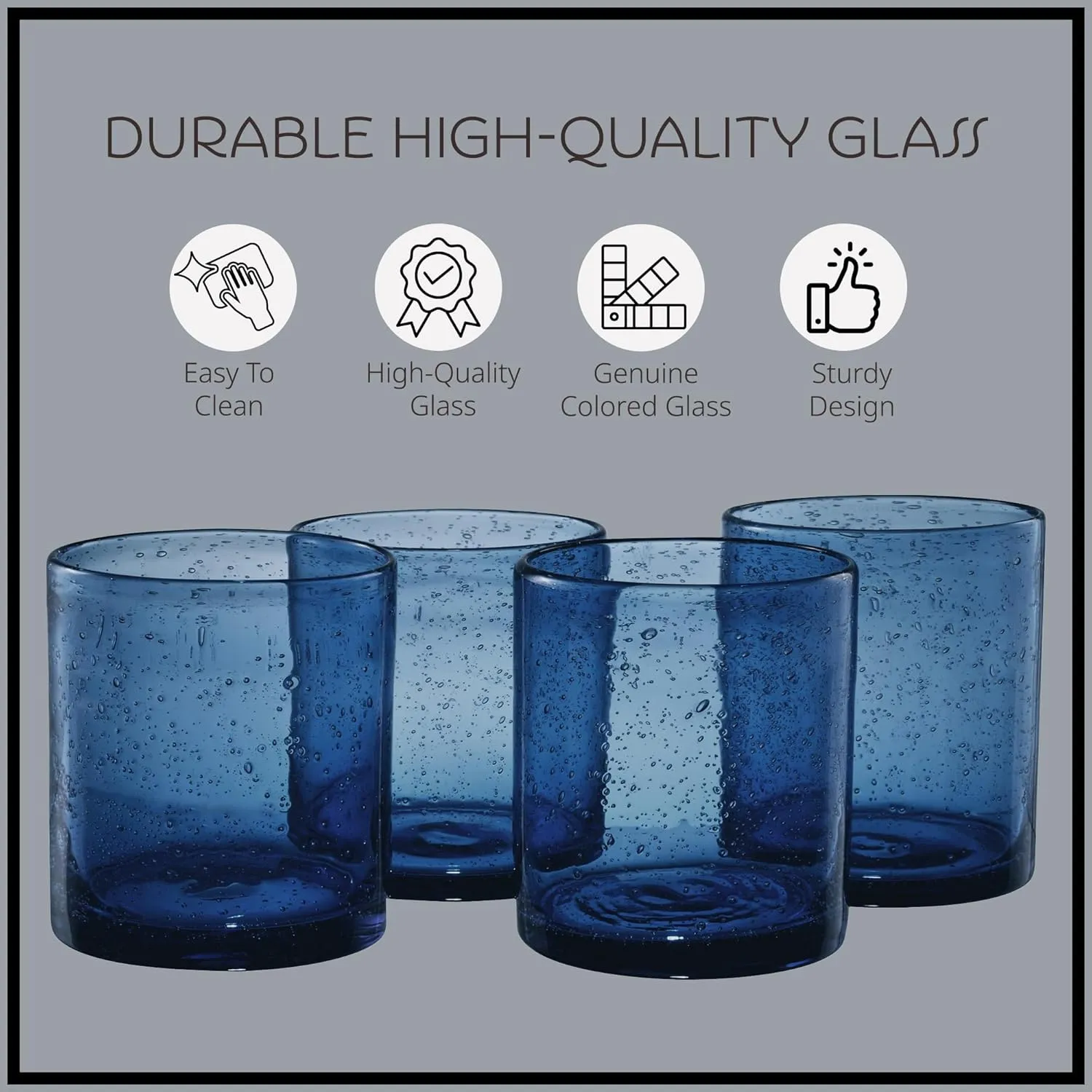 ARTLAND 14oz Double Old Fashion Glass, Set of 4 | Iris Seeded Design, Slate Blue | Drinking Glass for Parties and Everyday Use - Mojito, Whiskey, Cocktail | Glassware & Barware Essentials