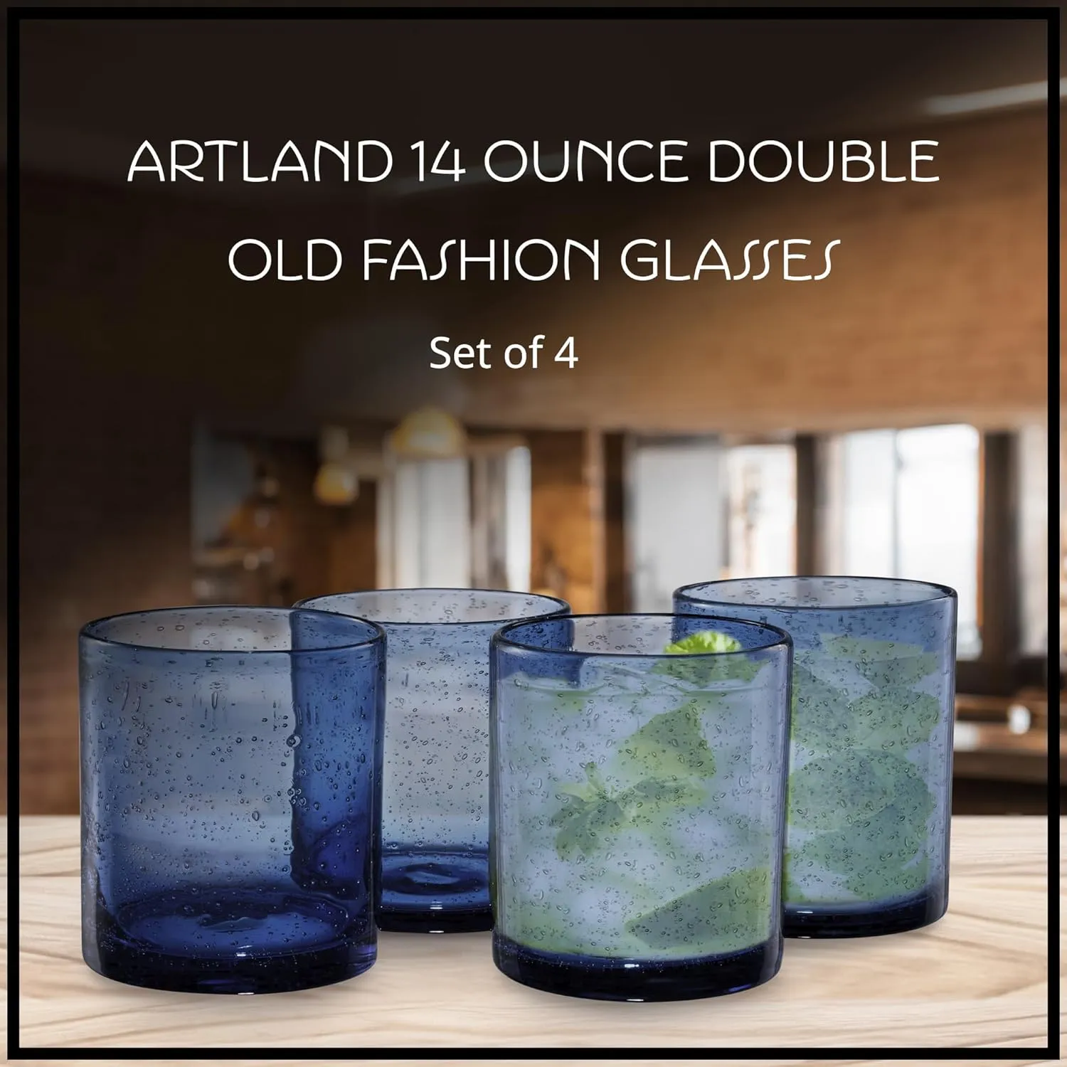 ARTLAND 14oz Double Old Fashion Glass, Set of 4 | Iris Seeded Design, Slate Blue | Drinking Glass for Parties and Everyday Use - Mojito, Whiskey, Cocktail | Glassware & Barware Essentials