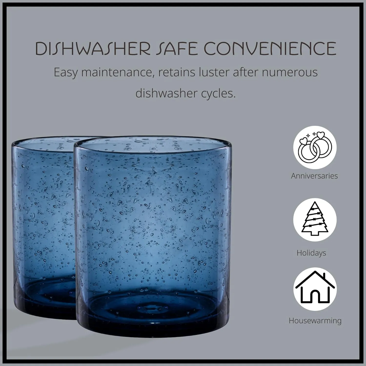ARTLAND 14oz Double Old Fashion Glass, Set of 4 | Iris Seeded Design, Slate Blue | Drinking Glass for Parties and Everyday Use - Mojito, Whiskey, Cocktail | Glassware & Barware Essentials