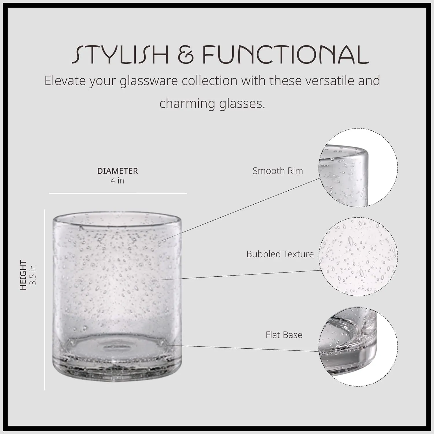 ARTLAND 14oz Double Old Fashion Glass, Set of 6 | Iris Seeded Design, Clear | Drinking Glass for Parties and Everyday Use - Mojito, Whiskey, Cocktail | Glassware & Barware Essentials