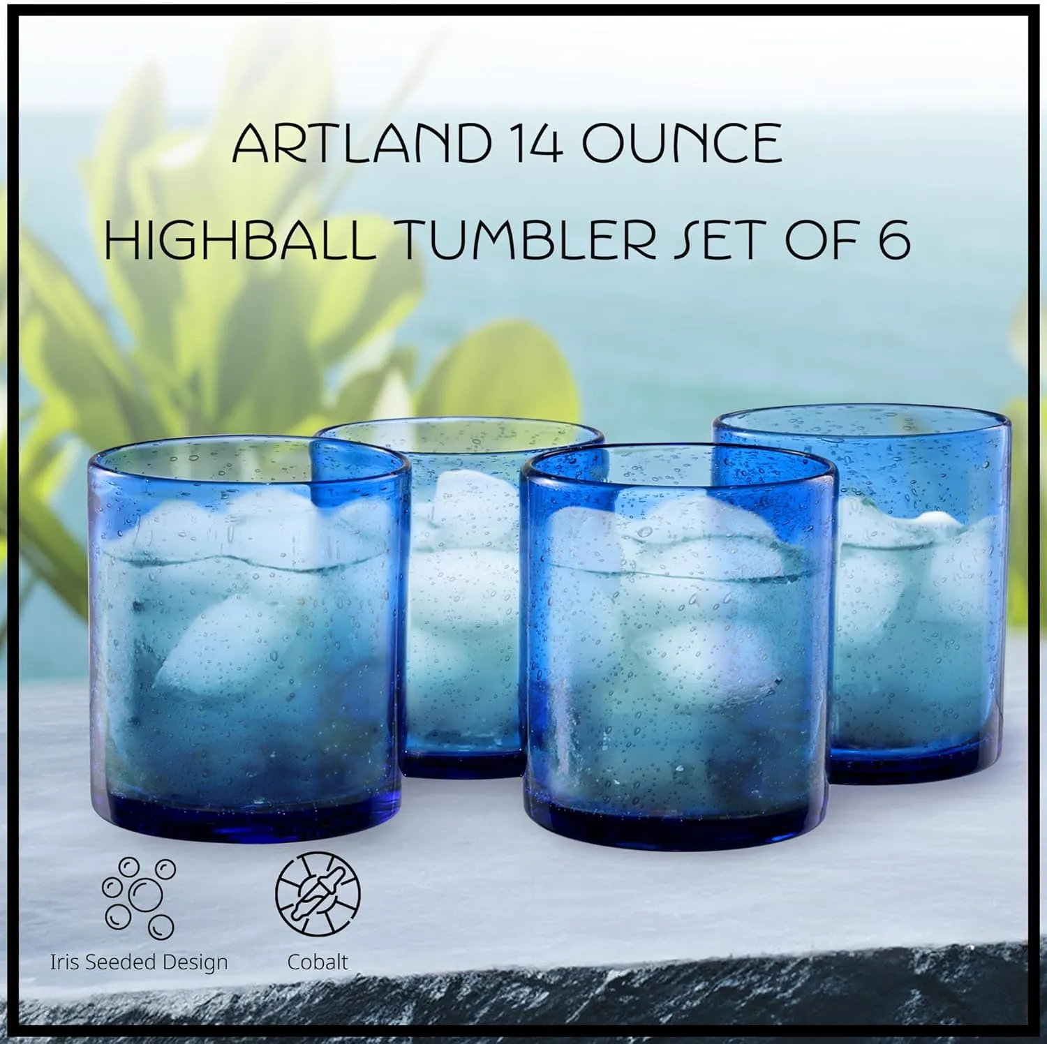 ARTLAND 14oz Double Old Fashion Glass, Set of 6 | Iris Seeded Design, Cobalt Blue | Drinking Glass for Parties and Everyday Use - Mojito, Whiskey, Cocktail | Glassware & Barware Essentials