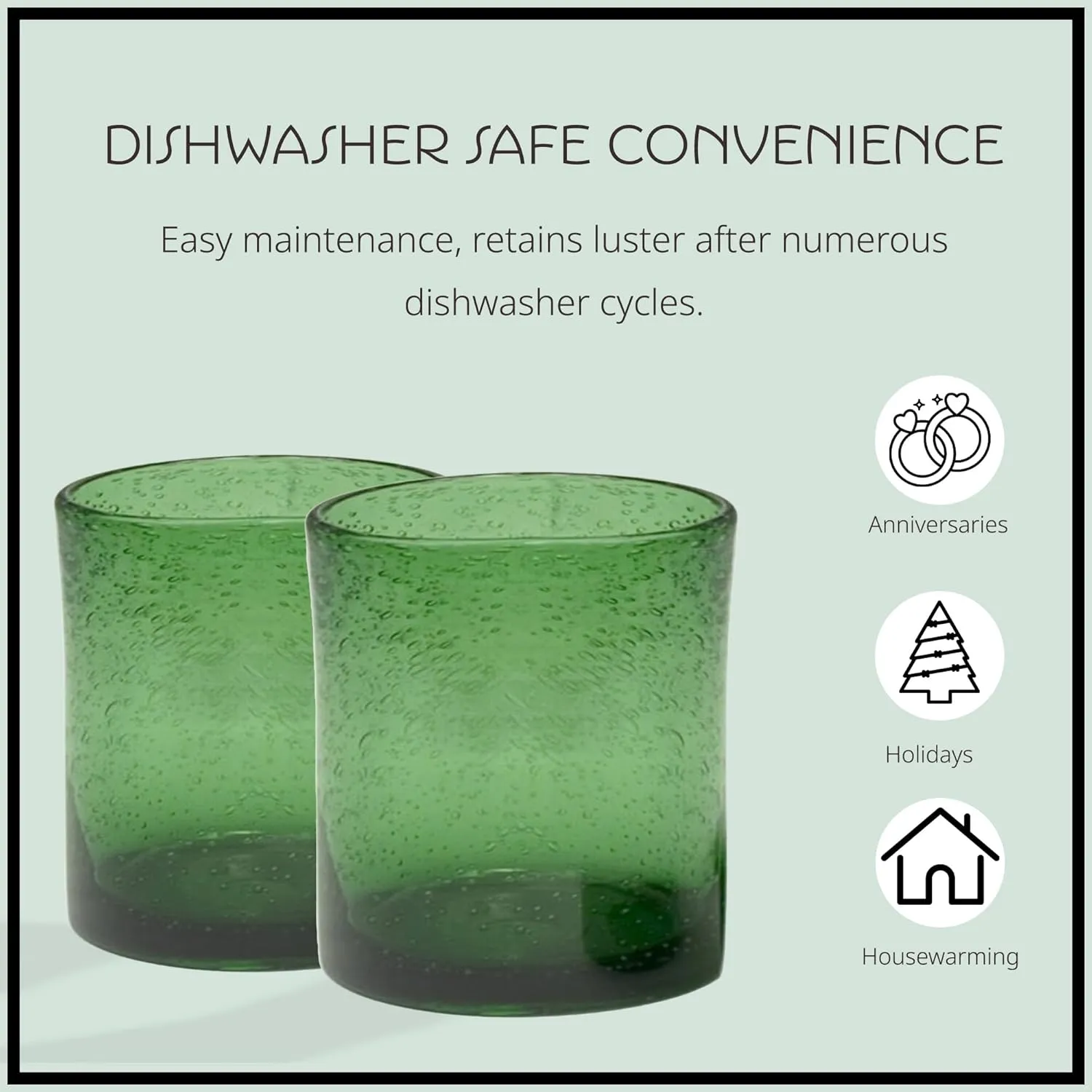 ARTLAND 14oz Double Old Fashion Glass, Set of 6 | Iris Seeded Design, Green | Drinking Glass for Parties and Everyday Use - Mojito, Whiskey, Cocktail | Glassware & Barware Essentials
