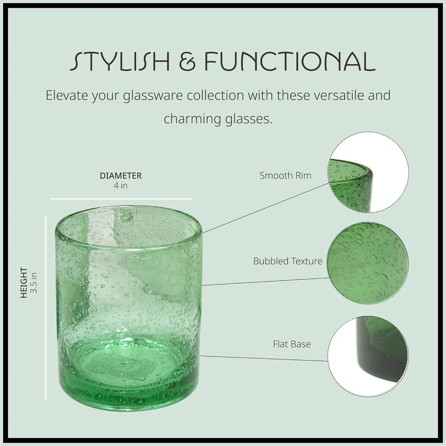 ARTLAND 14oz Double Old Fashion Glass, Set of 6 | Iris Seeded Design, Green | Drinking Glass for Parties and Everyday Use - Mojito, Whiskey, Cocktail | Glassware & Barware Essentials