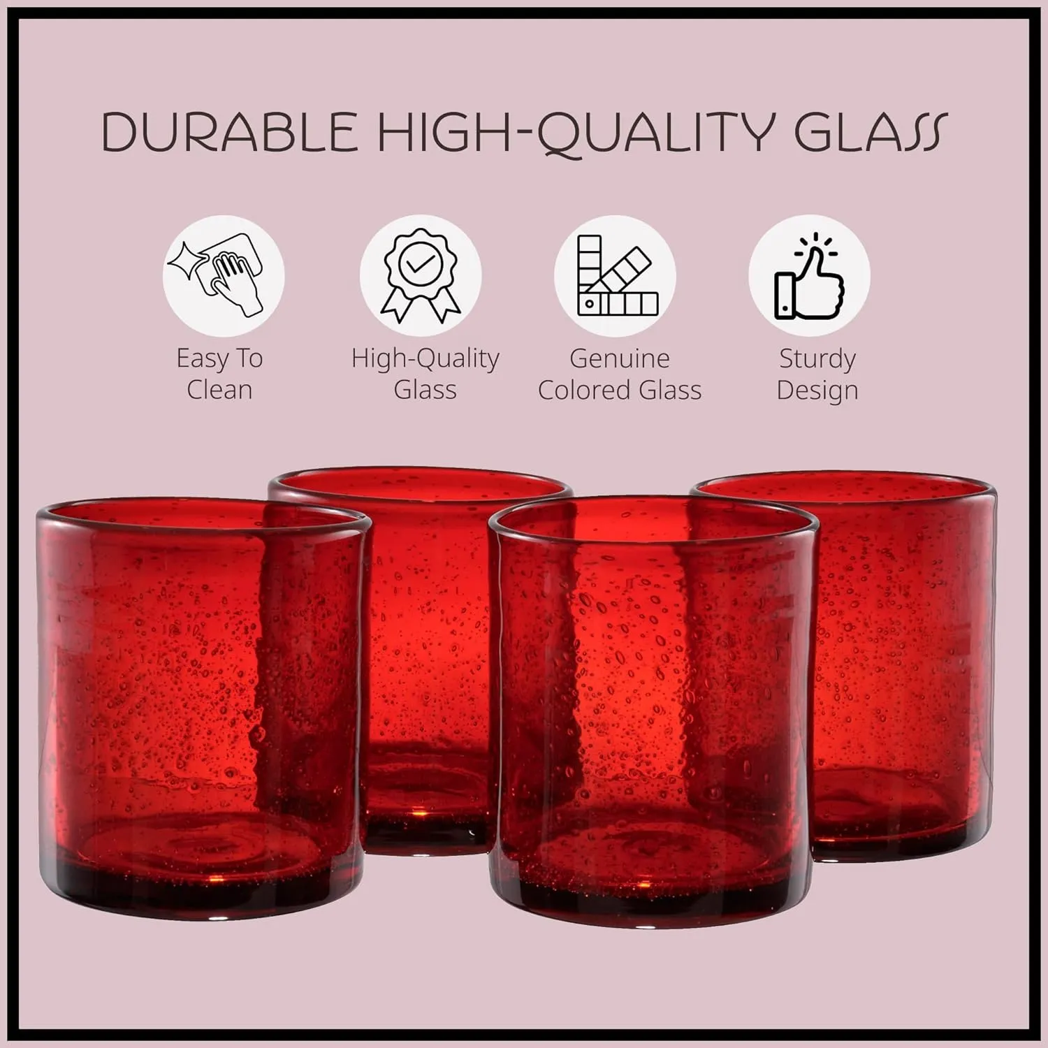 Artland 14oz Double Old Fashion Glass, Set of 6 | Iris Seeded Design, Ruby Red | Drinking Glass for Parties and Everyday Use - Mojito, Whiskey, Cocktail | Glassware & Barware Essentials