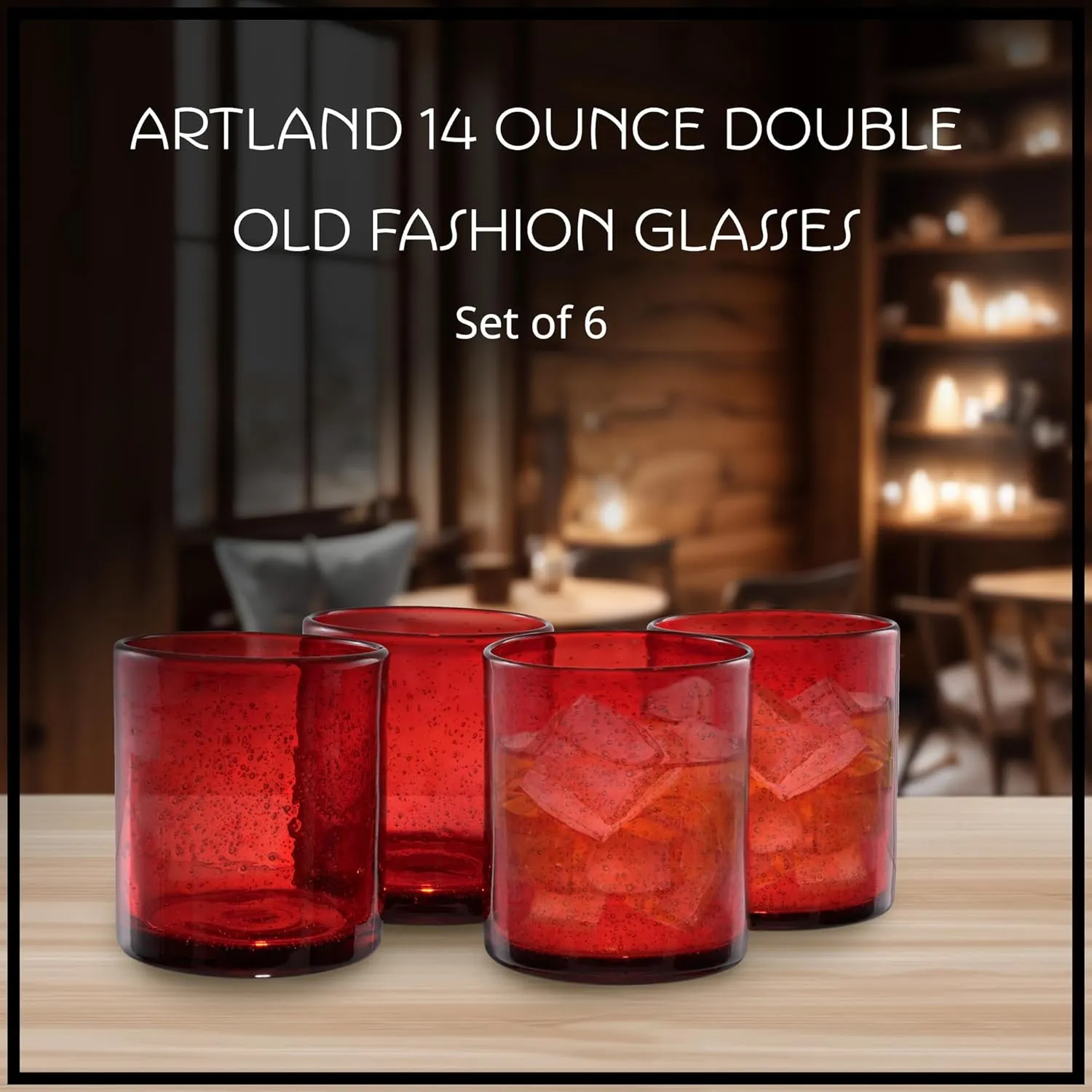 Artland 14oz Double Old Fashion Glass, Set of 6 | Iris Seeded Design, Ruby Red | Drinking Glass for Parties and Everyday Use - Mojito, Whiskey, Cocktail | Glassware & Barware Essentials