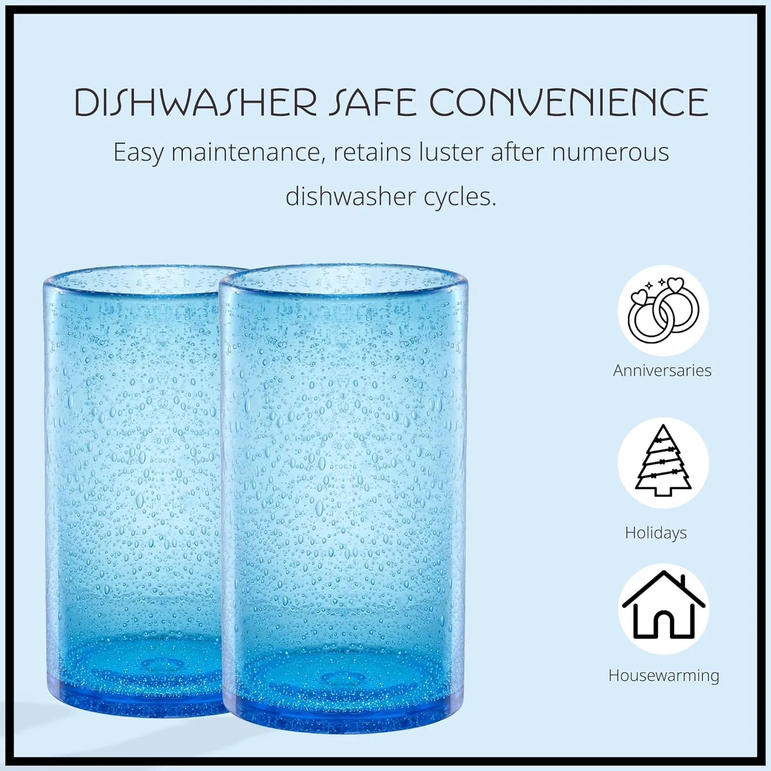 ARTLAND 17oz Highball Tumbler, Set of 6 | Iris Seeded Design, Turquoise | Drinking Glass for Parties and Everyday Use - Mojito, Whiskey, Cocktail | Glassware & Kitchenware Essentials