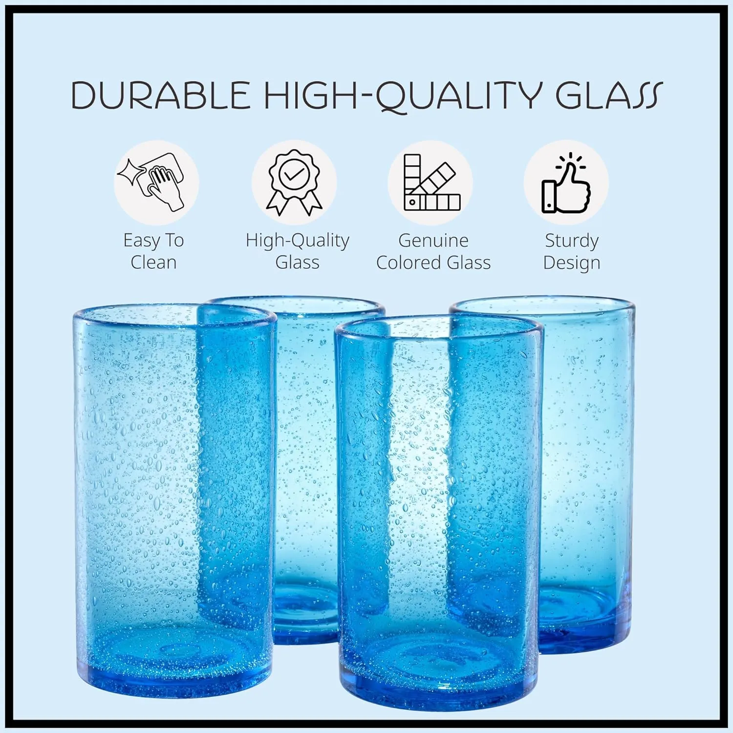 ARTLAND 17oz Highball Tumbler, Set of 6 | Iris Seeded Design, Turquoise | Drinking Glass for Parties and Everyday Use - Mojito, Whiskey, Cocktail | Glassware & Kitchenware Essentials