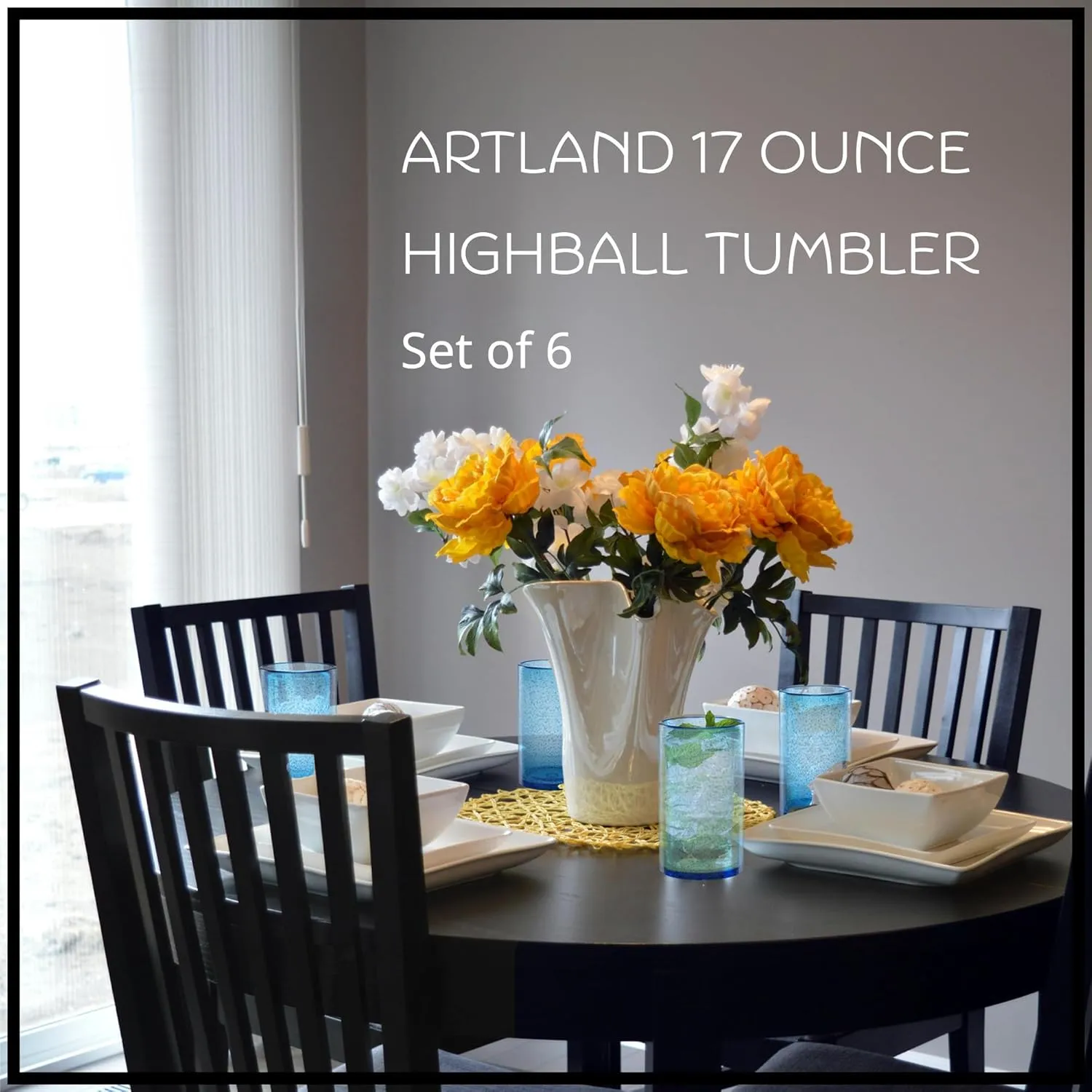 ARTLAND 17oz Highball Tumbler, Set of 6 | Iris Seeded Design, Turquoise | Drinking Glass for Parties and Everyday Use - Mojito, Whiskey, Cocktail | Glassware & Kitchenware Essentials