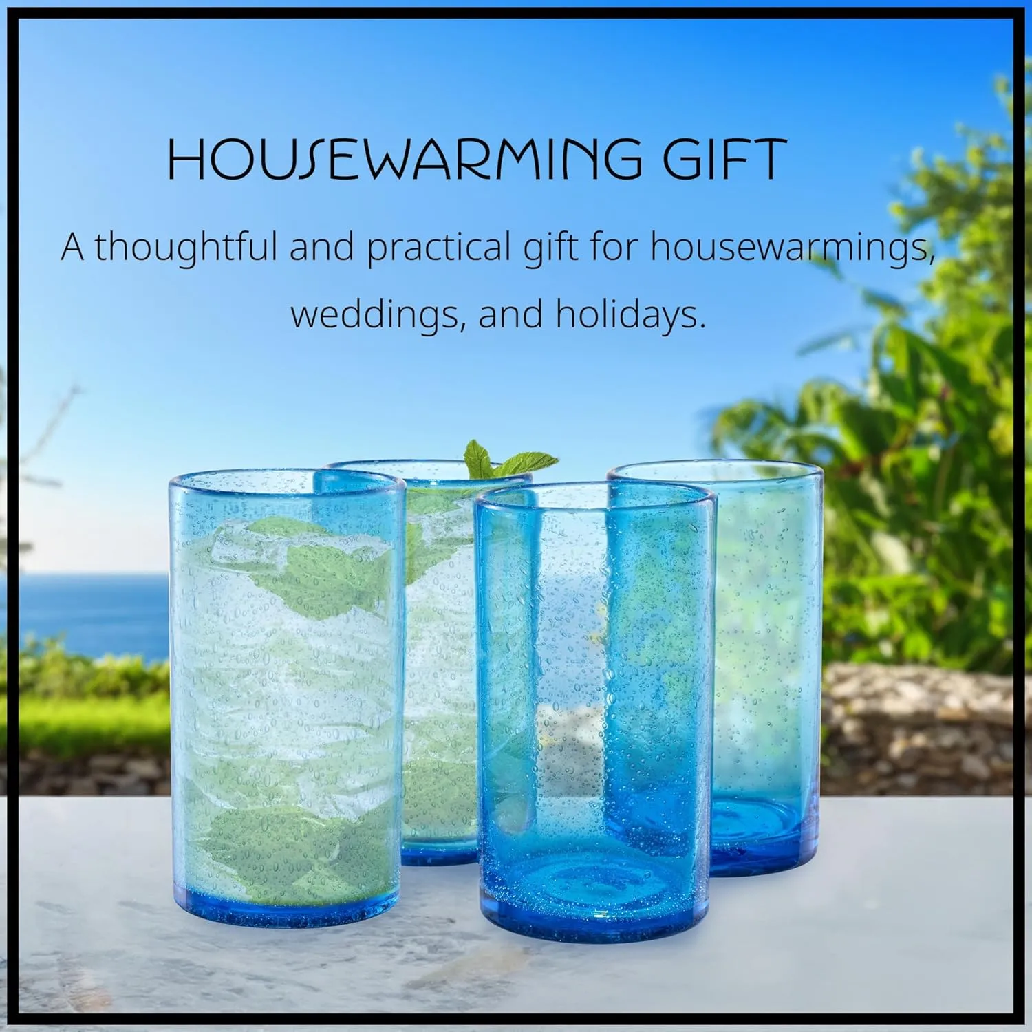 ARTLAND 17oz Highball Tumbler, Set of 6 | Iris Seeded Design, Turquoise | Drinking Glass for Parties and Everyday Use - Mojito, Whiskey, Cocktail | Glassware & Kitchenware Essentials