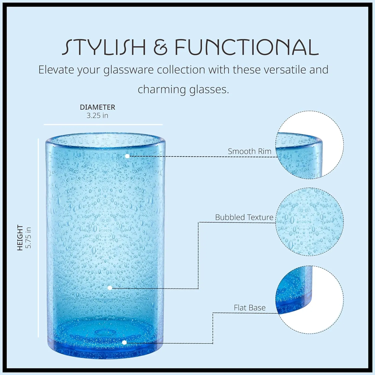 ARTLAND 17oz Highball Tumbler, Set of 6 | Iris Seeded Design, Turquoise | Drinking Glass for Parties and Everyday Use - Mojito, Whiskey, Cocktail | Glassware & Kitchenware Essentials