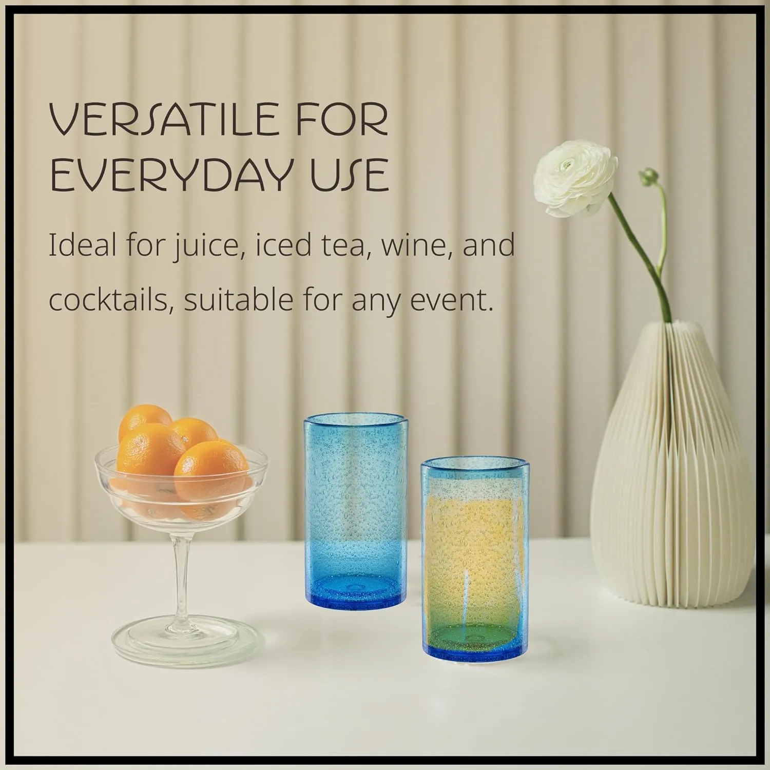 ARTLAND 17oz Highball Tumbler, Set of 6 | Iris Seeded Design, Turquoise | Drinking Glass for Parties and Everyday Use - Mojito, Whiskey, Cocktail | Glassware & Kitchenware Essentials