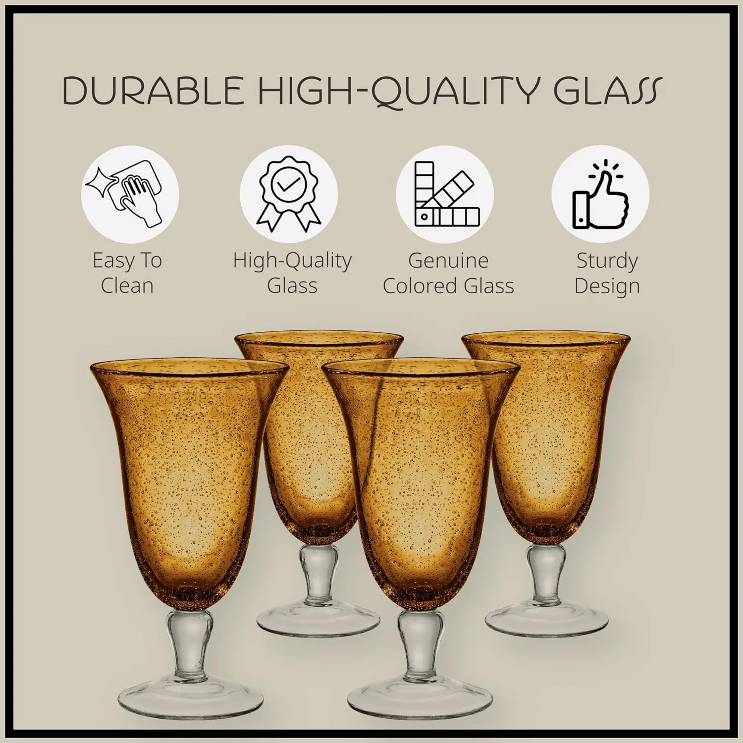 ARTLAND 18oz Footed Iced Tea Glass, Set of 6 | Iris Seeded Design, Amber | Cocktail Glass for Parties and Everyday Use | Glassware & Barware Essentials - New Apartment Housewarming Gift