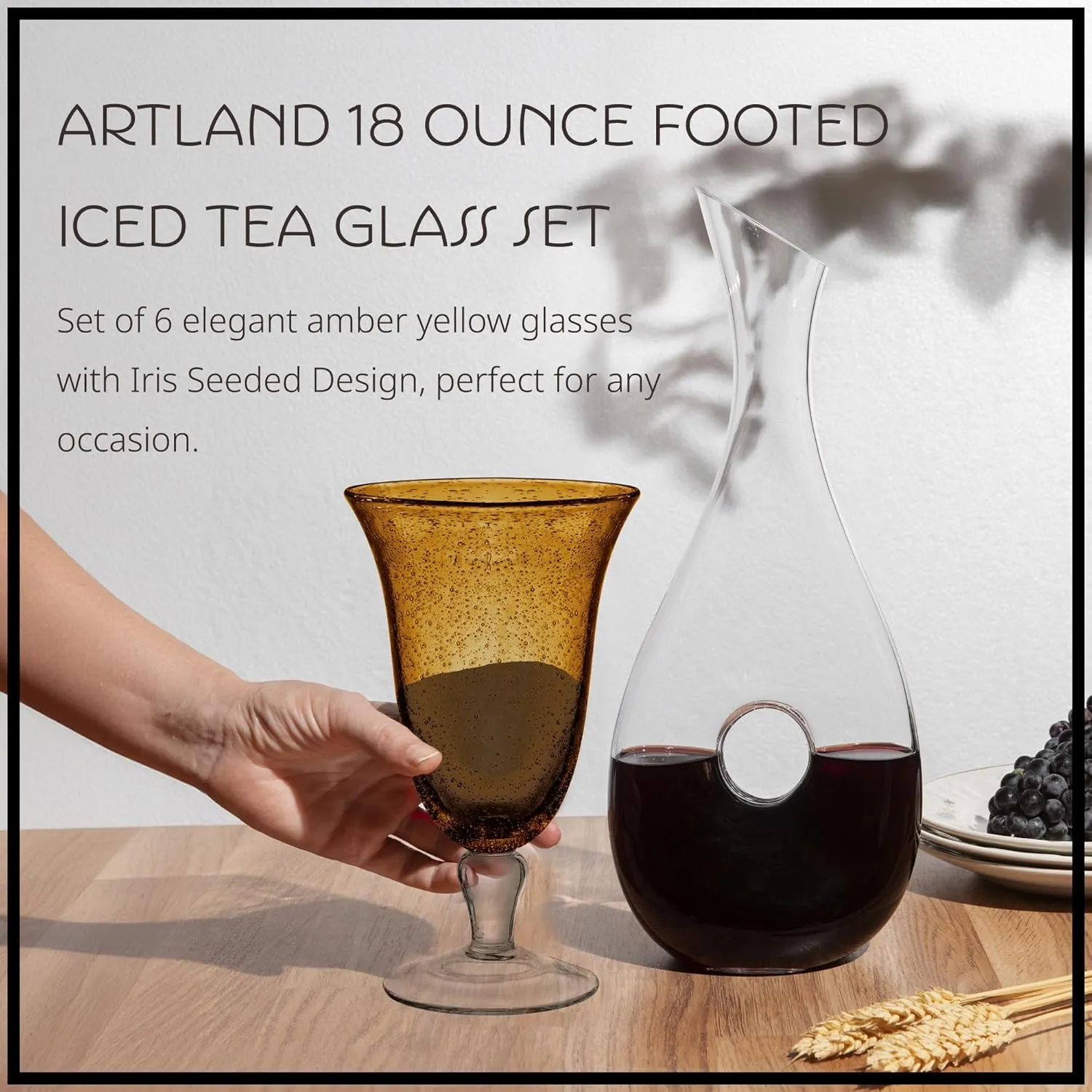 ARTLAND 18oz Footed Iced Tea Glass, Set of 6 | Iris Seeded Design, Amber | Cocktail Glass for Parties and Everyday Use | Glassware & Barware Essentials - New Apartment Housewarming Gift