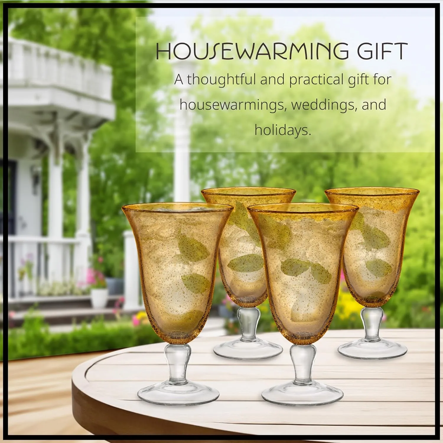 ARTLAND 18oz Footed Iced Tea Glass, Set of 6 | Iris Seeded Design, Amber | Cocktail Glass for Parties and Everyday Use | Glassware & Barware Essentials - New Apartment Housewarming Gift