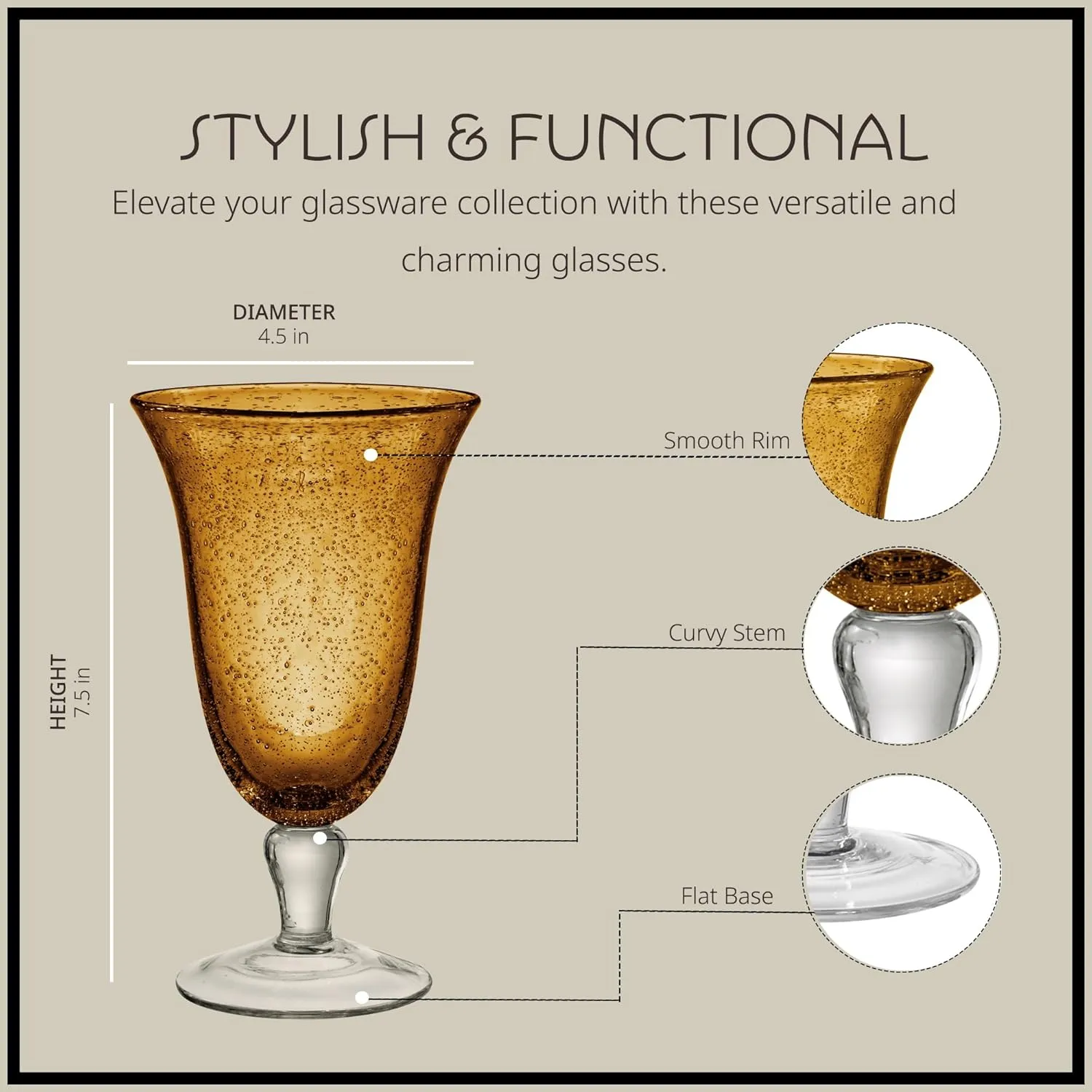 ARTLAND 18oz Footed Iced Tea Glass, Set of 6 | Iris Seeded Design, Amber | Cocktail Glass for Parties and Everyday Use | Glassware & Barware Essentials - New Apartment Housewarming Gift
