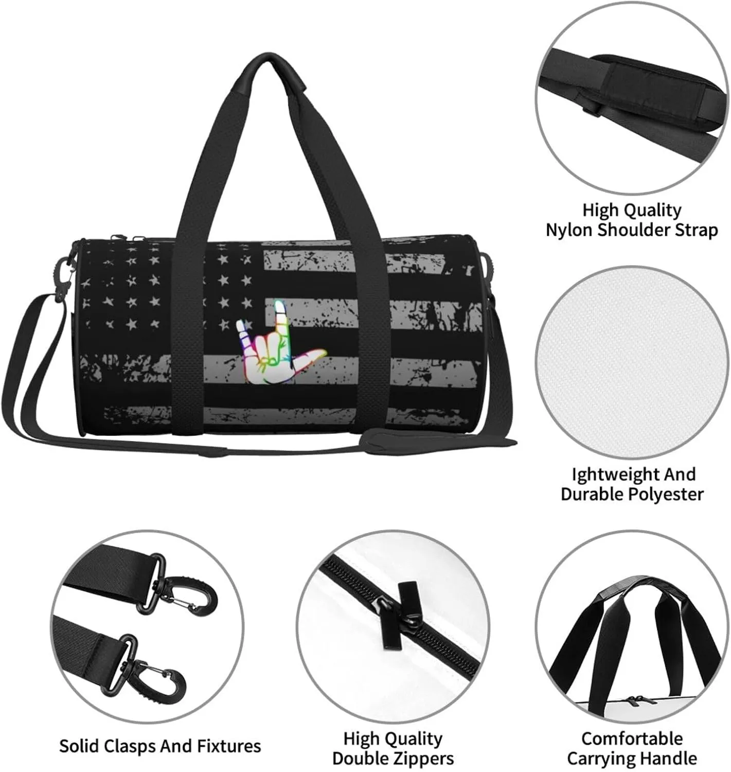 Asl I Love You Sign Language Travel Luggage Duffel Bag Sports Rolling Foldable Duffel Bag, Black