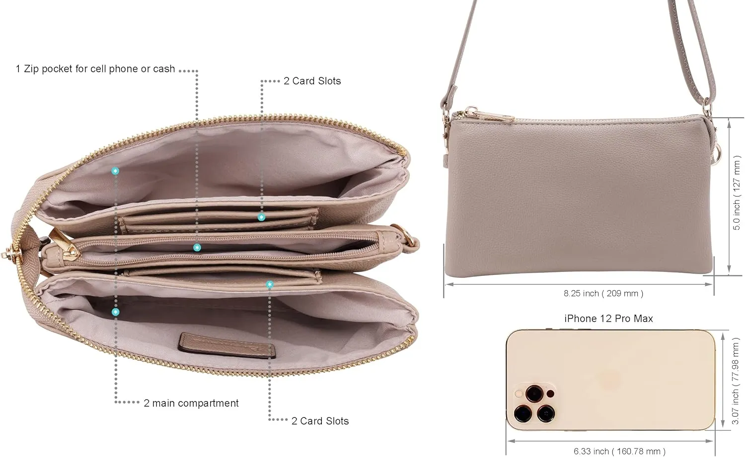 B BRENTANO Vegan Leather Multi-Pocket Crossbody Purse/Clutch with Card Slots, Removable Wristlet & Adjustable Shoulder Strap