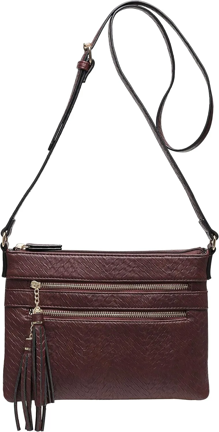 B BRENTANO Vegan Multi-Zipper Crossbody Handbag Purse with Tassel Accents