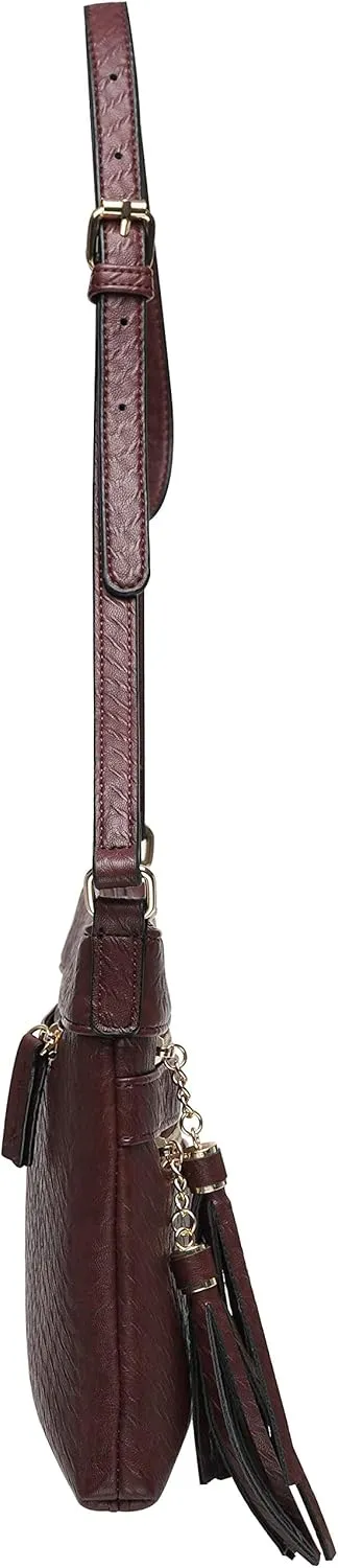 B BRENTANO Vegan Multi-Zipper Crossbody Handbag Purse with Tassel Accents