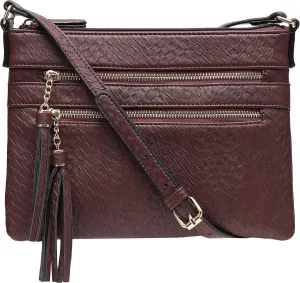 B BRENTANO Vegan Multi-Zipper Crossbody Handbag Purse with Tassel Accents