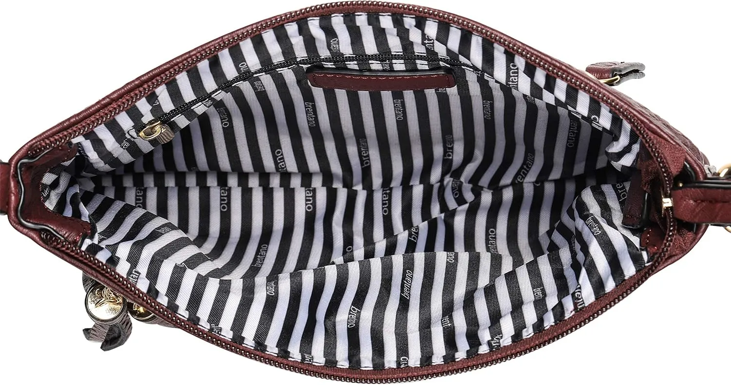B BRENTANO Vegan Multi-Zipper Crossbody Handbag Purse with Tassel Accents