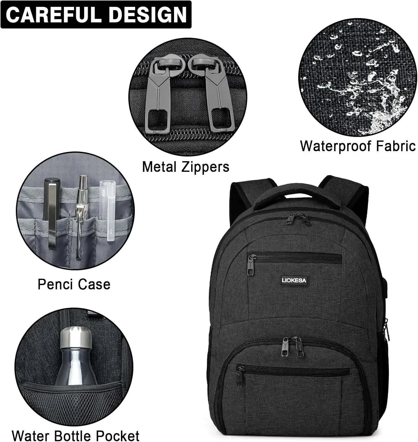 Backpack for Men Women, School Backpacks for Teen Boys Girls, Water Resistant Laptop Backpack with USB Charger, 17.3 Inch Black College Bookbag