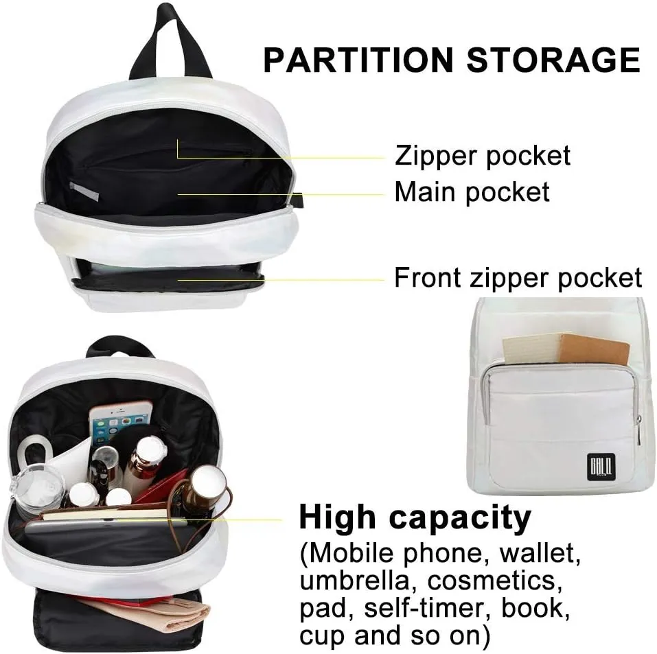 Backpack Purse for Women, Small Quilted Nylon Lightweight Backpack, Water Resistant Iridescent Puffy Casual Daypack