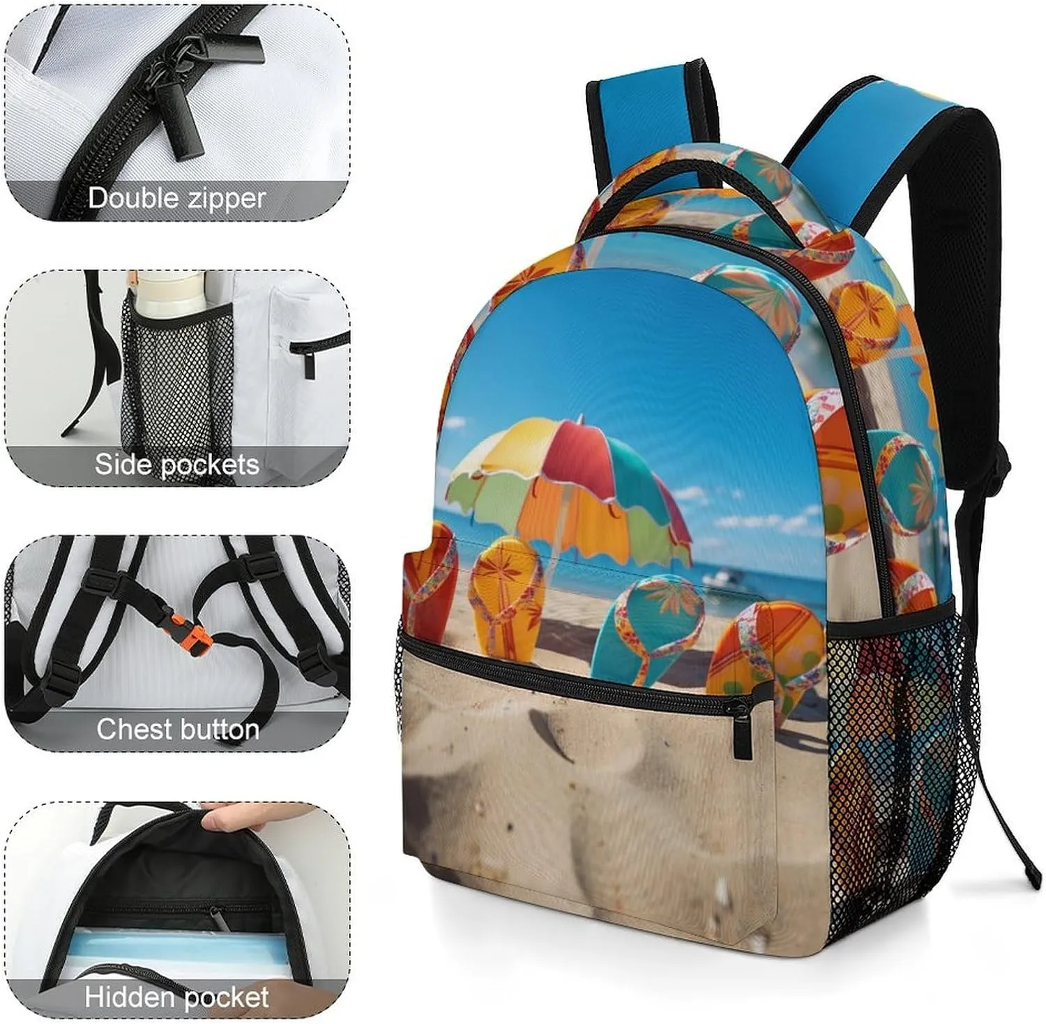 Backpacks Colorful Flip Flops Beach Ball Travel Bag Laptop Backpack Casual Daypack for Weekender Business Hiking
