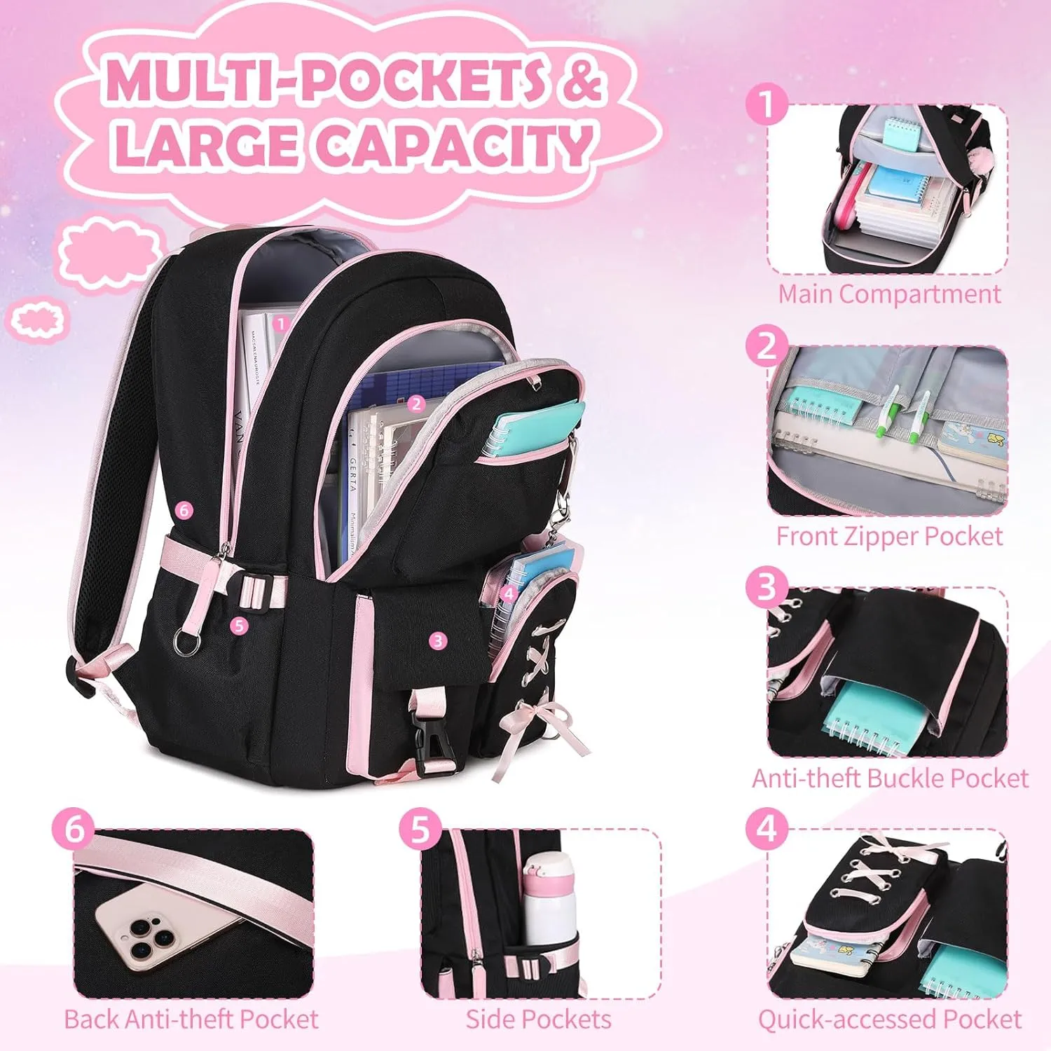 Backpacks for Girls, Girls Backpack with Lunch Box and Pencil Case for Teen Kids Elementary Middle High School College Student, Children Backpack Bookbag with USB Charging Port (Black Pink with Chain)
