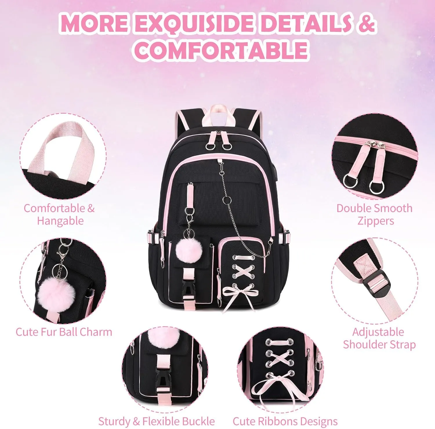 Backpacks for Girls, Girls Backpack with Lunch Box and Pencil Case for Teen Kids Elementary Middle High School College Student, Children Backpack Bookbag with USB Charging Port (Black Pink with Chain)