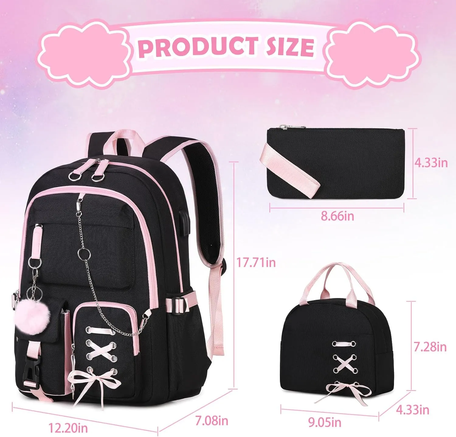 Backpacks for Girls, Girls Backpack with Lunch Box and Pencil Case for Teen Kids Elementary Middle High School College Student, Children Backpack Bookbag with USB Charging Port (Black Pink with Chain)