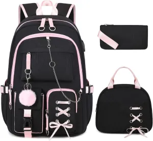 Backpacks for Girls, Girls Backpack with Lunch Box and Pencil Case for Teen Kids Elementary Middle High School College Student, Children Backpack Bookbag with USB Charging Port (Black Pink with Chain)